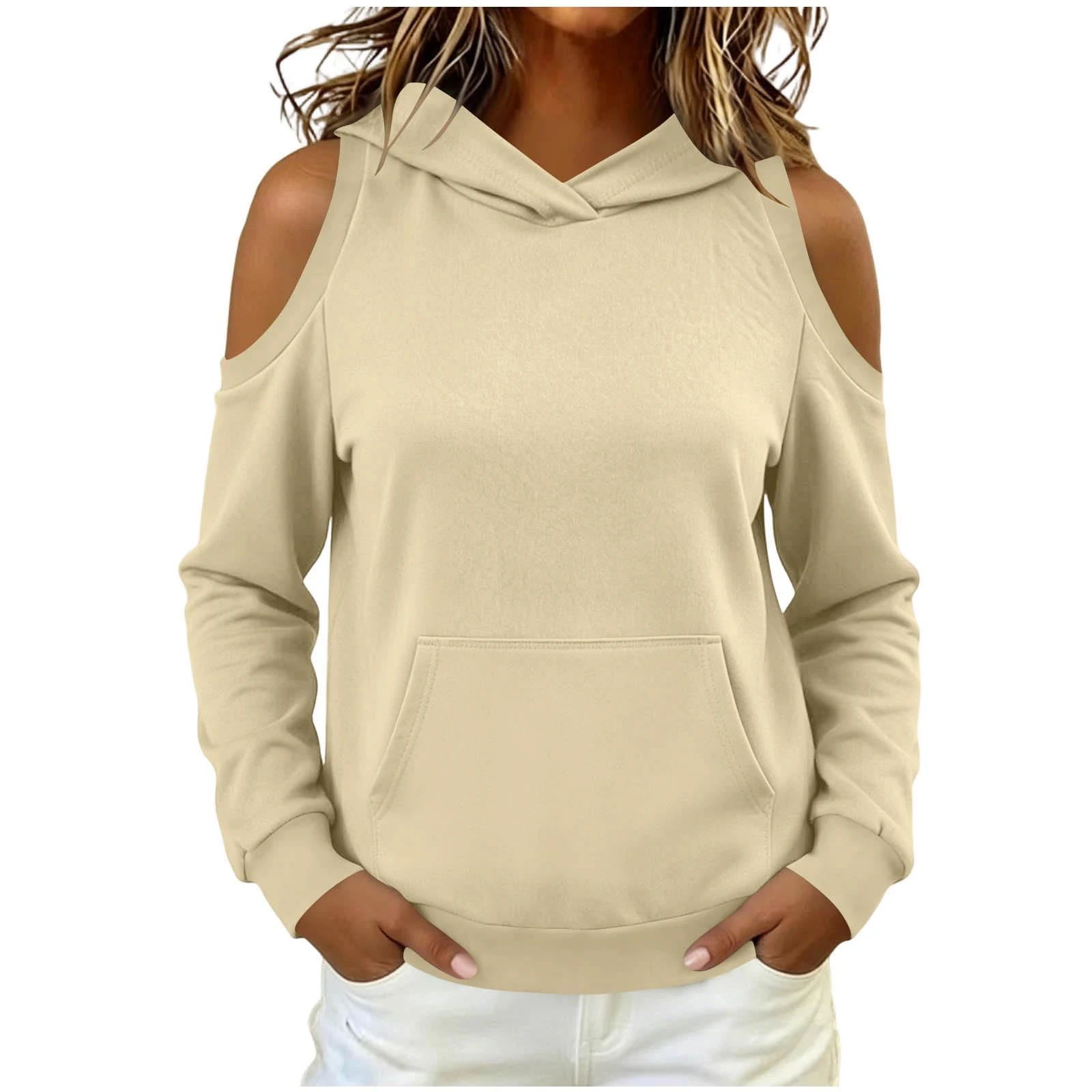 Women's Hoodie Autumn Long Sleeve Cold Shoulder Hooded Sweatshirt Tops Solid Casual Kangaroo Pocket Pullover Hoodies Streetwear