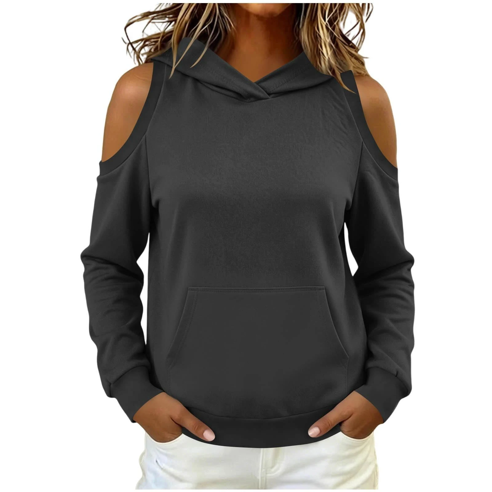 Women's Hoodie Autumn Long Sleeve Cold Shoulder Hooded Sweatshirt Tops Solid Casual Kangaroo Pocket Pullover Hoodies Streetwear