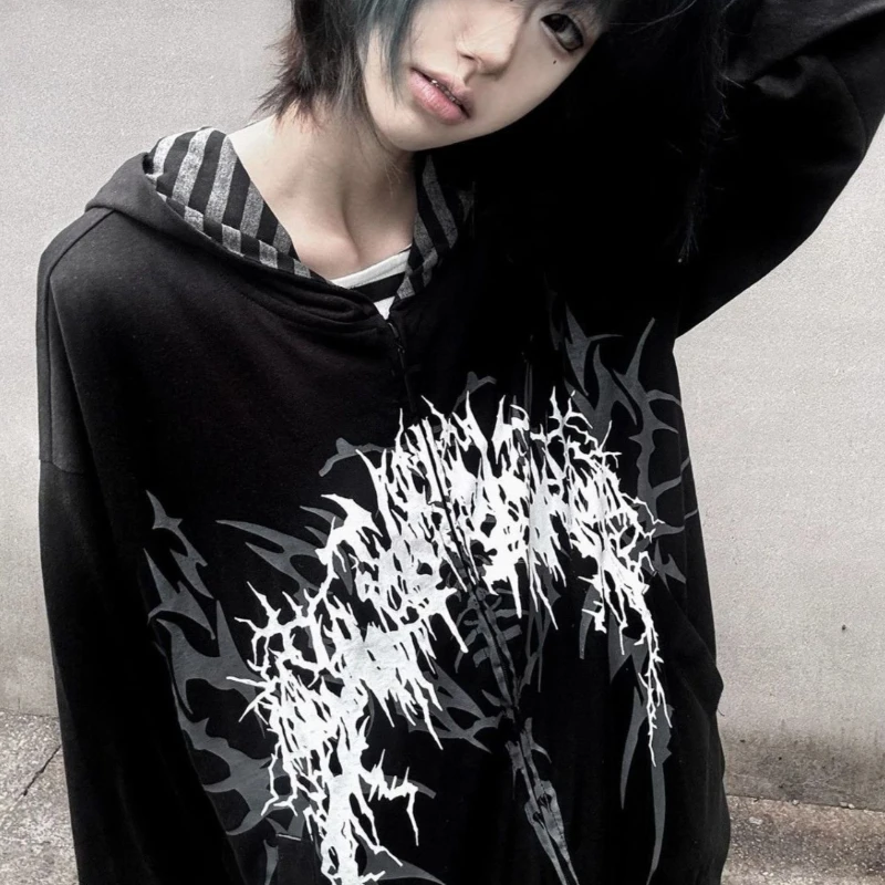 Fashion High Street Y2k Aesthetic All Match Hoodies Harajuku Subcultural Punk Print Zip Coat Autumn Preppy Style Sweatshirt
