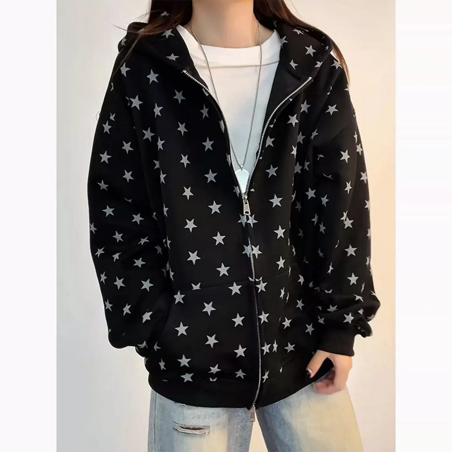 Women's Star Print Hooded Sweatshirt American Style Fashion Loose Long Sleeve Zippers Coat High Street Casual Versatile Hoodies