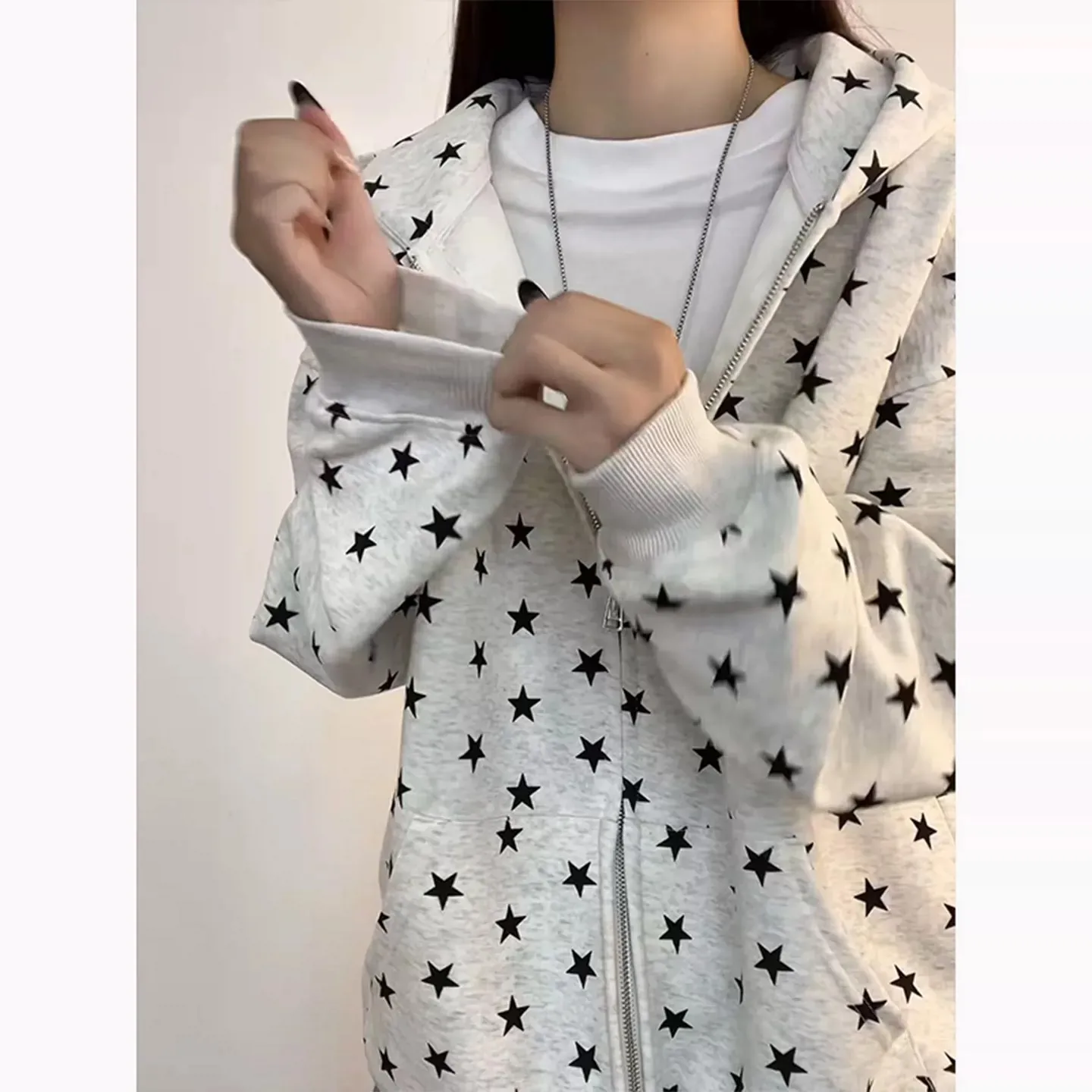 Women's Star Print Hooded Sweatshirt American Style Fashion Loose Long Sleeve Zippers Coat High Street Casual Versatile Hoodies