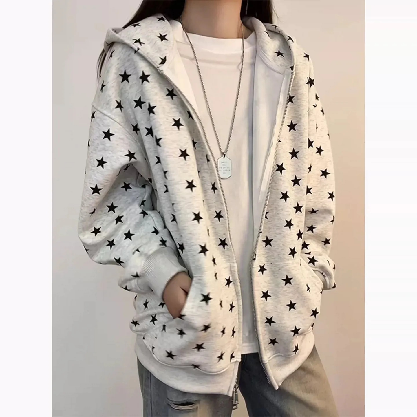 Women's Star Print Hooded Sweatshirt American Style Fashion Loose Long Sleeve Zippers Coat High Street Casual Versatile Hoodies