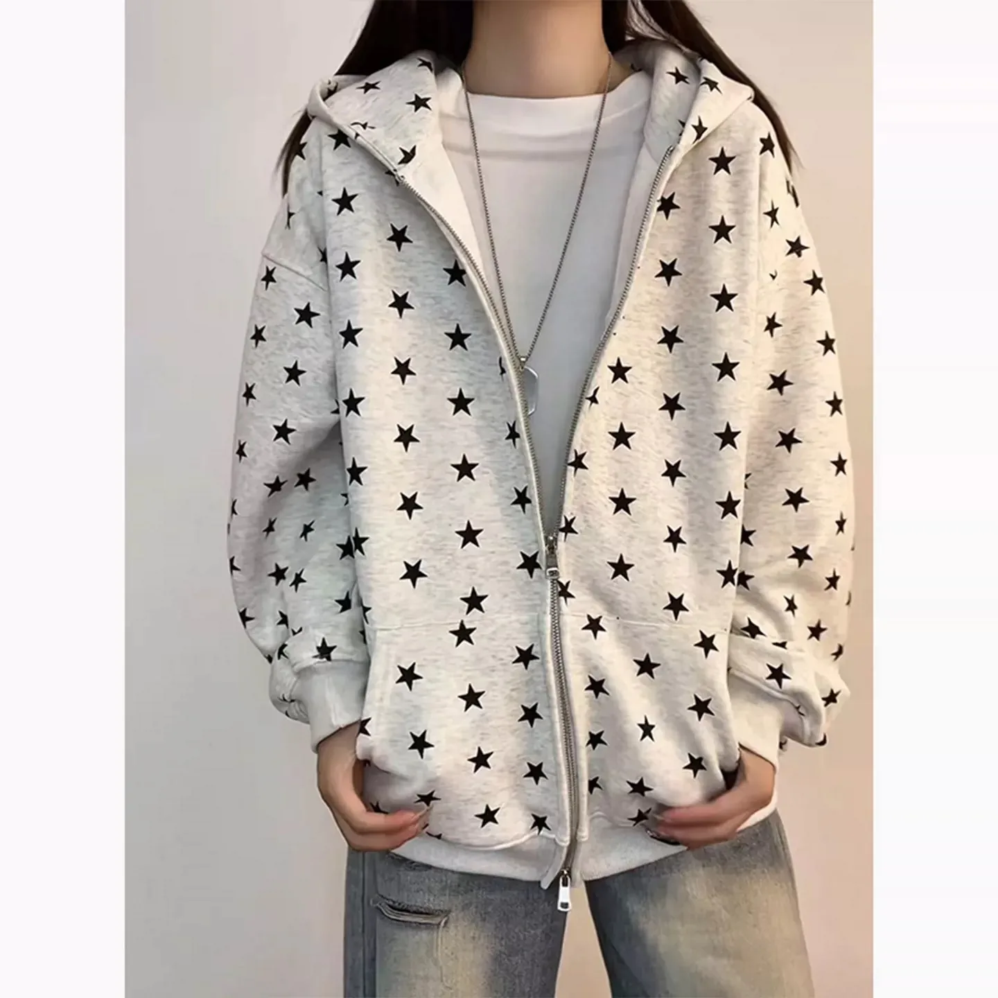Women's Star Print Hooded Sweatshirt American Style Fashion Loose Long Sleeve Zippers Coat High Street Casual Versatile Hoodies