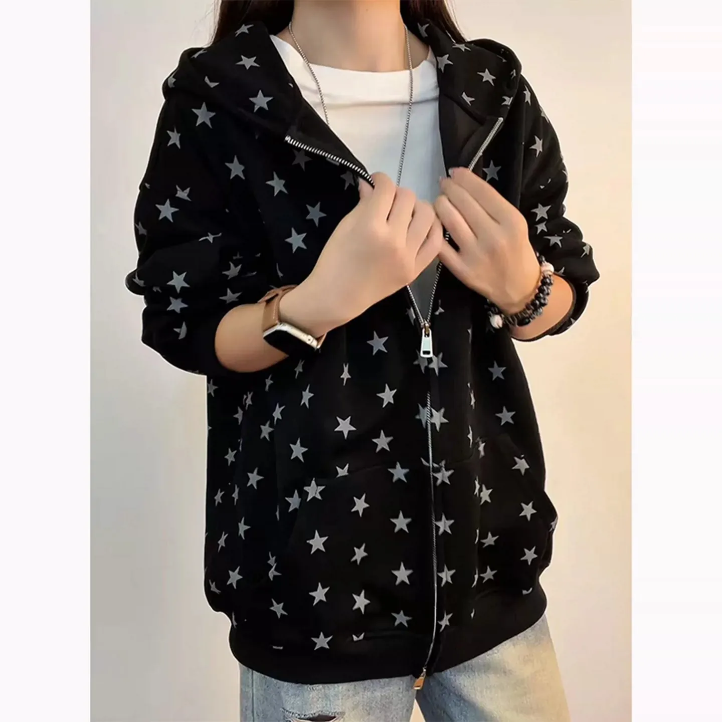 Women's Star Print Hooded Sweatshirt American Style Fashion Loose Long Sleeve Zippers Coat High Street Casual Versatile Hoodies
