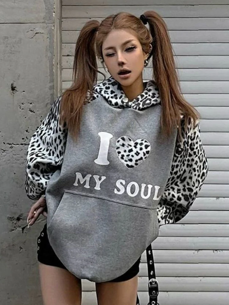 Leopard Print Ropa Mujer Hooded Roupas Feminina Y2K Harajuku Clothes Loose Hip Hop Hoodie Autumn Women's Hoodies Sweatshirts
