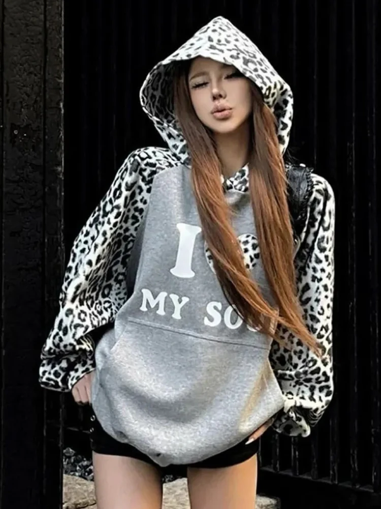 Leopard Print Ropa Mujer Hooded Roupas Feminina Y2K Harajuku Clothes Loose Hip Hop Hoodie Autumn Women's Hoodies Sweatshirts