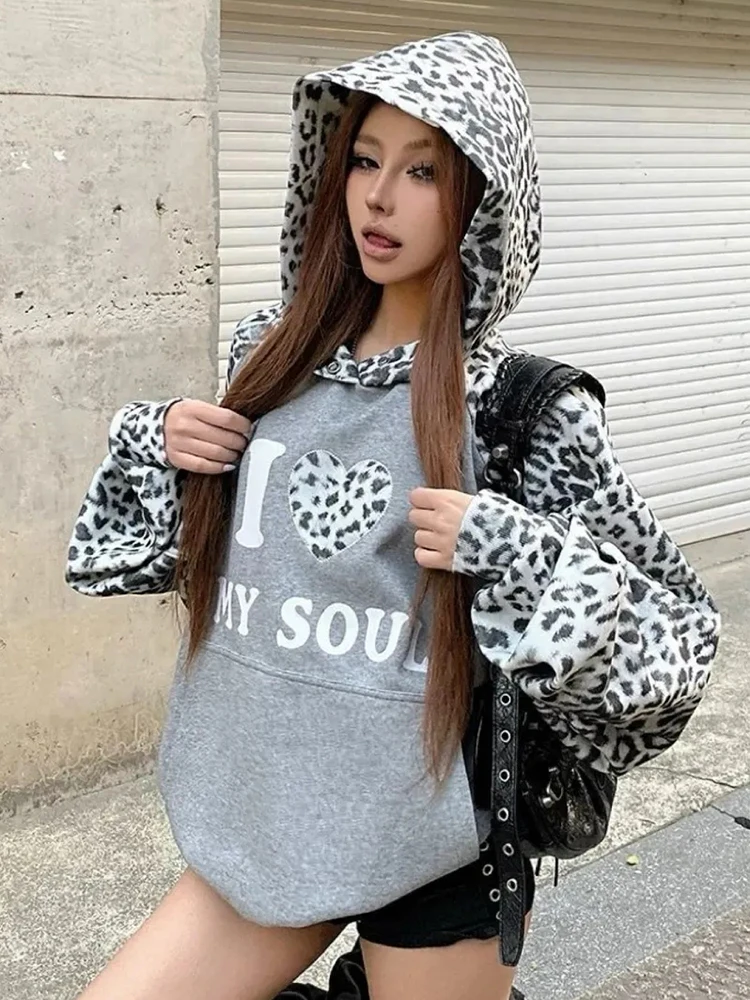 Leopard Print Ropa Mujer Hooded Roupas Feminina Y2K Harajuku Clothes Loose Hip Hop Hoodie Autumn Women's Hoodies Sweatshirts