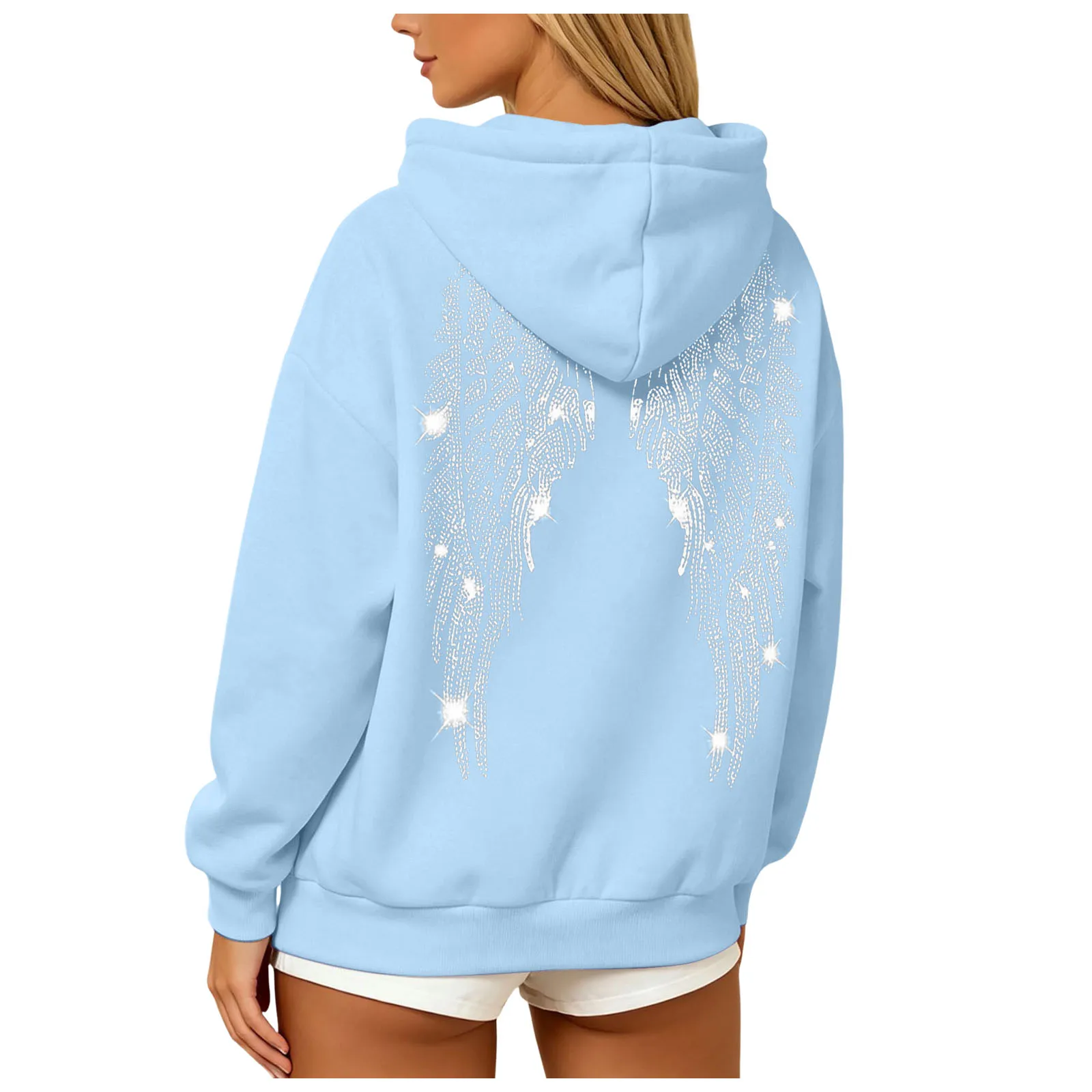 Womens Y2K Angel Wing Hoodie Sparkling Rhinestone Long Sleeve Pullover Oversized Sweatshirt Tops Autumn Casual Plain Hoodies