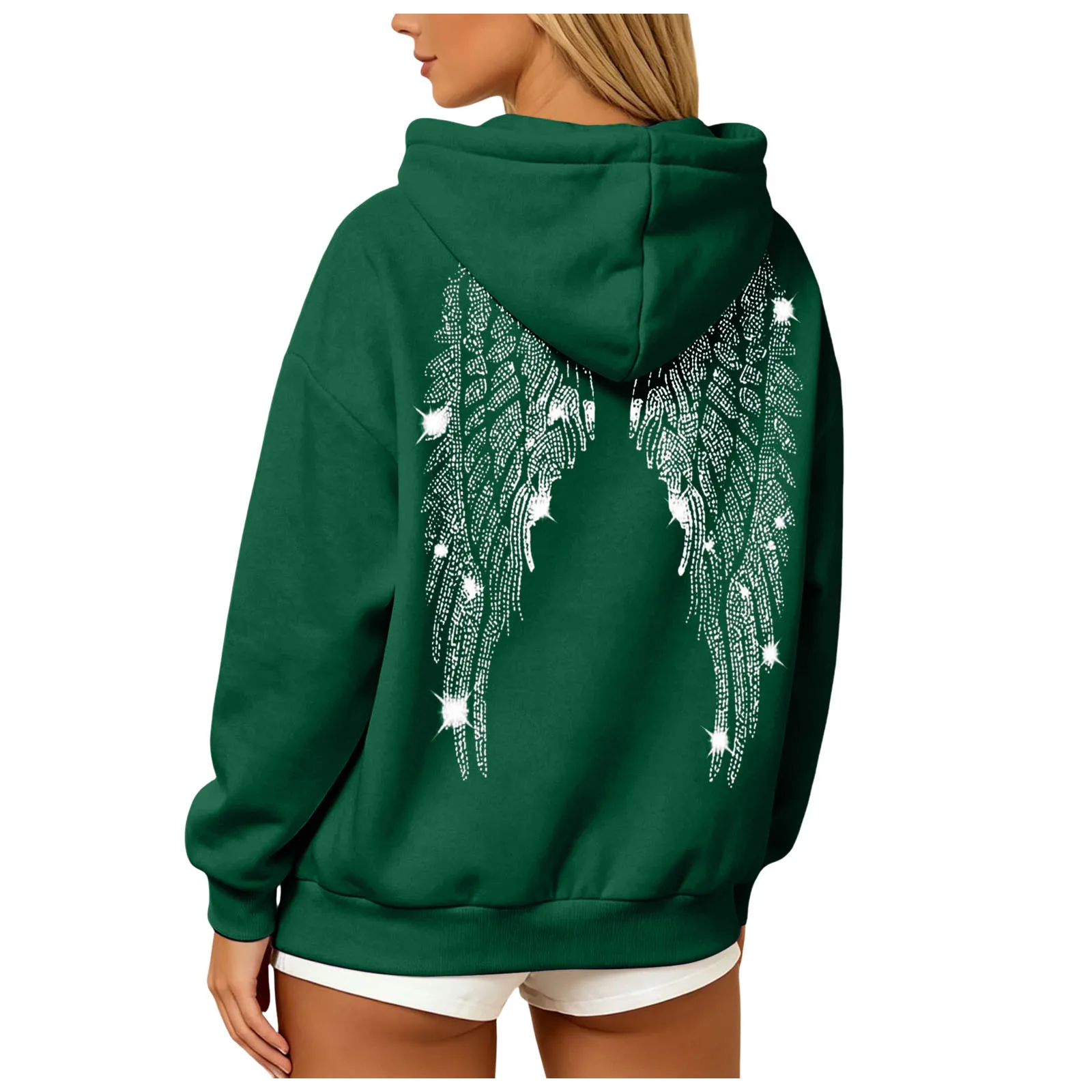 Womens Y2K Angel Wing Hoodie Sparkling Rhinestone Long Sleeve Pullover Oversized Sweatshirt Tops Autumn Casual Plain Hoodies