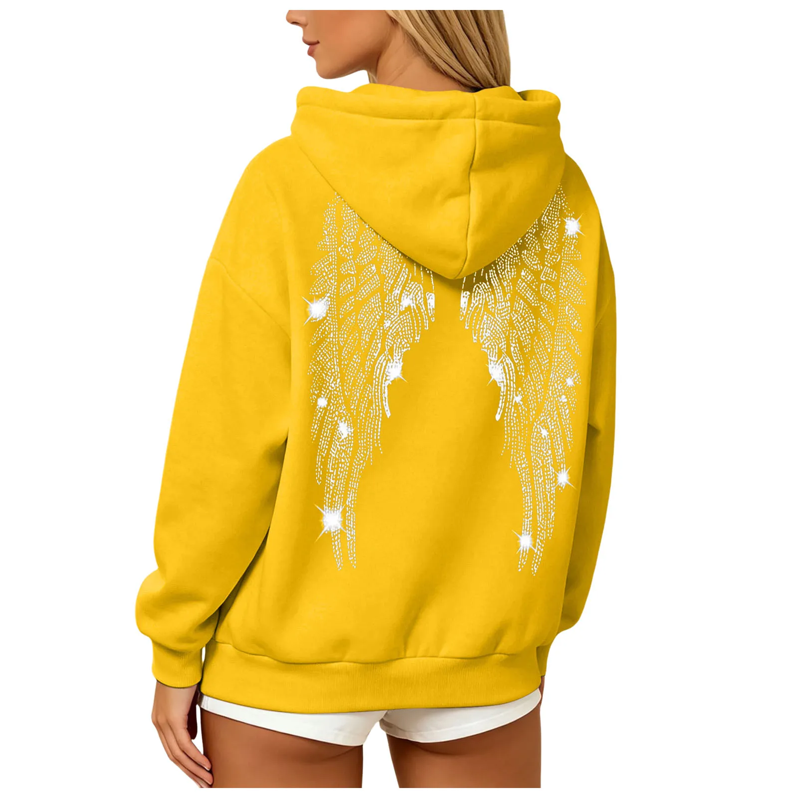 Womens Y2K Angel Wing Hoodie Sparkling Rhinestone Long Sleeve Pullover Oversized Sweatshirt Tops Autumn Casual Plain Hoodies