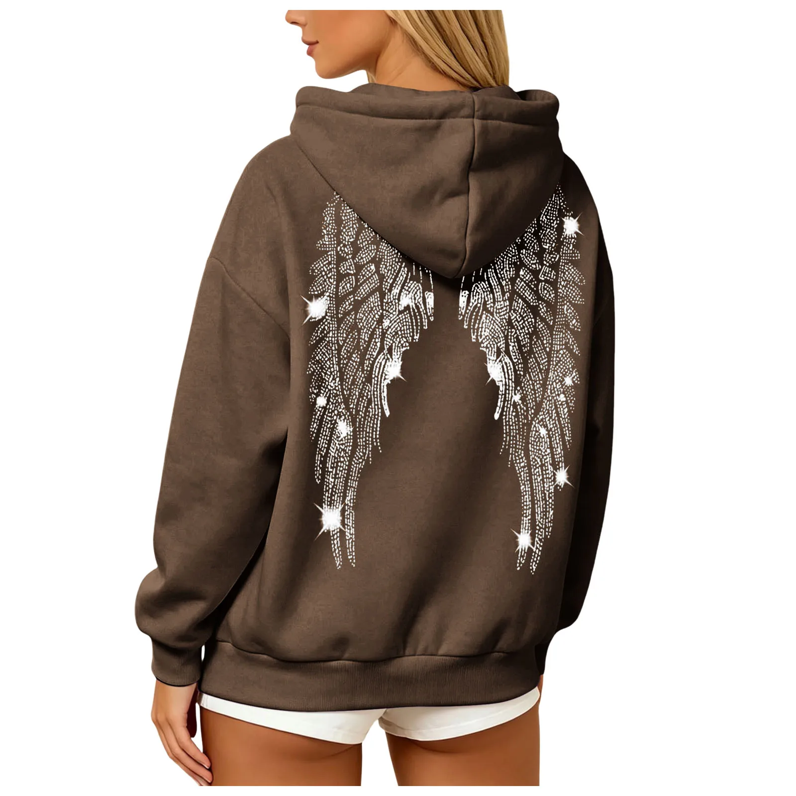 Womens Y2K Angel Wing Hoodie Sparkling Rhinestone Long Sleeve Pullover Oversized Sweatshirt Tops Autumn Casual Plain Hoodies