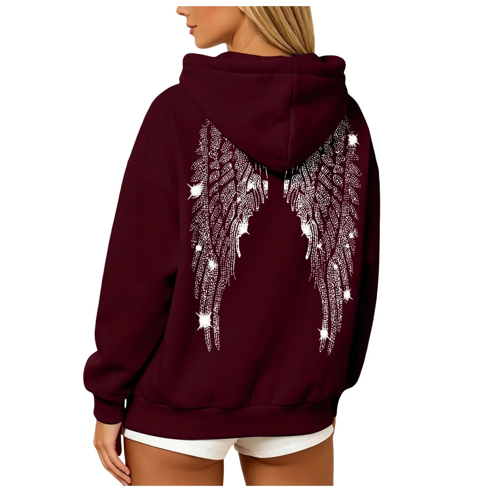 Womens Y2K Angel Wing Hoodie Sparkling Rhinestone Long Sleeve Pullover Oversized Sweatshirt Tops Autumn Casual Plain Hoodies