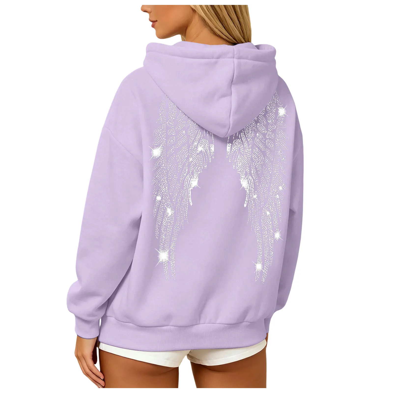 Womens Y2K Angel Wing Hoodie Sparkling Rhinestone Long Sleeve Pullover Oversized Sweatshirt Tops Autumn Casual Plain Hoodies