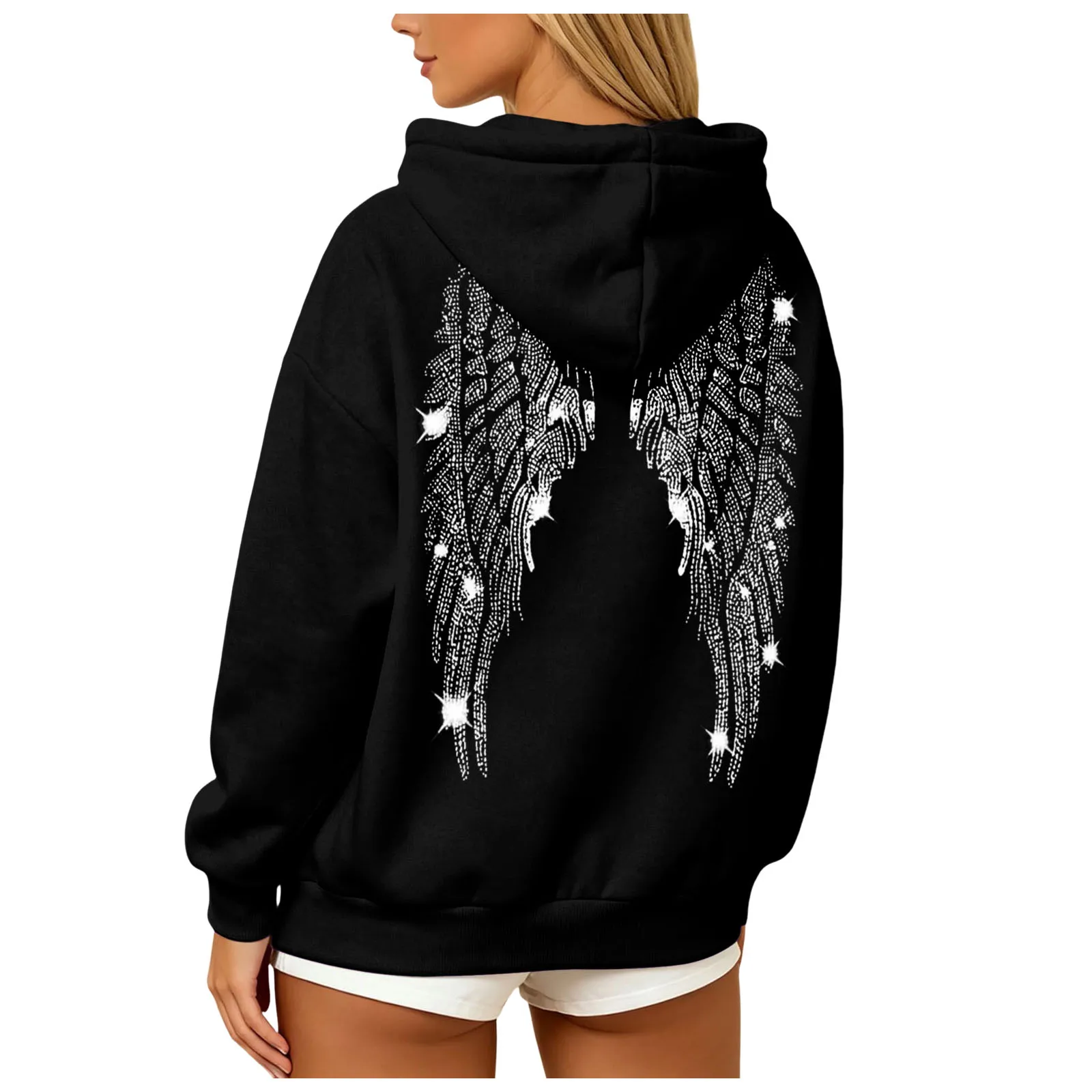 Womens Y2K Angel Wing Hoodie Sparkling Rhinestone Long Sleeve Pullover Oversized Sweatshirt Tops Autumn Casual Plain Hoodies