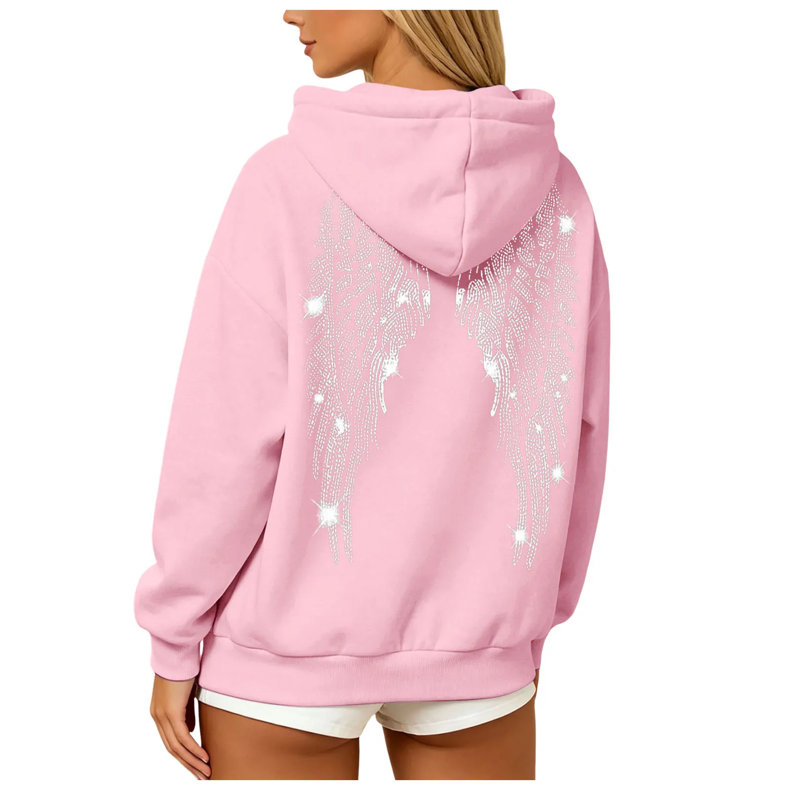 Womens Y2K Angel Wing Hoodie Sparkling Rhinestone Long Sleeve Pullover Oversized Sweatshirt Tops Autumn Casual Plain Hoodies