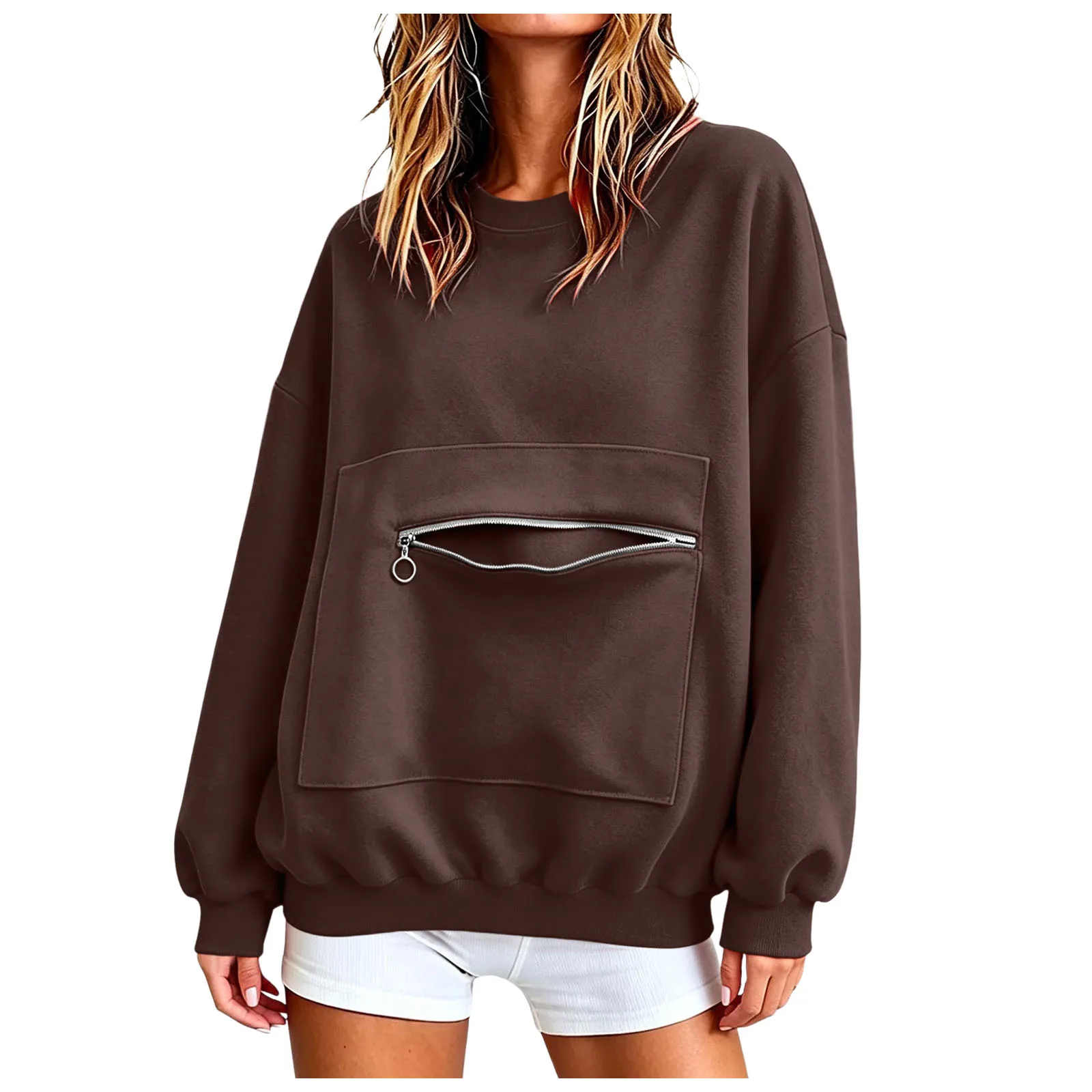 Autumn Casual Women's Hoodie Crew Neck Sweatshirt Long Sleeve Pullover With Zipper Pocket Female Solid Loose Fit Hoodies Top