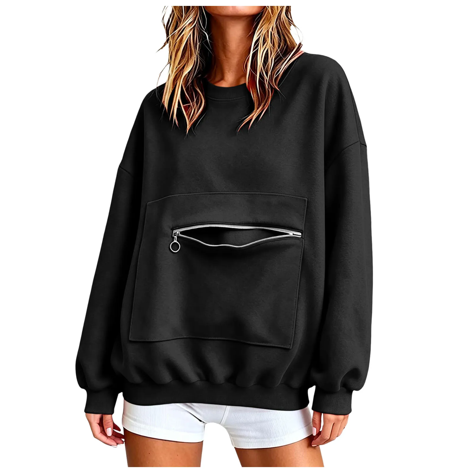 Autumn Casual Women's Hoodie Crew Neck Sweatshirt Long Sleeve Pullover With Zipper Pocket Female Solid Loose Fit Hoodies Top