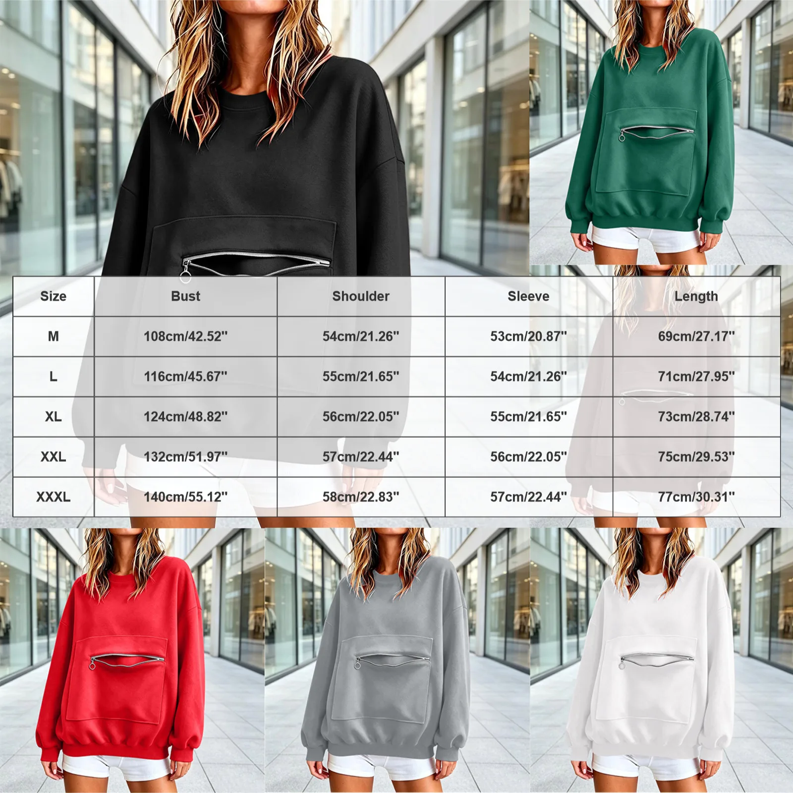 Autumn Casual Women's Hoodie Crew Neck Sweatshirt Long Sleeve Pullover With Zipper Pocket Female Solid Loose Fit Hoodies Top