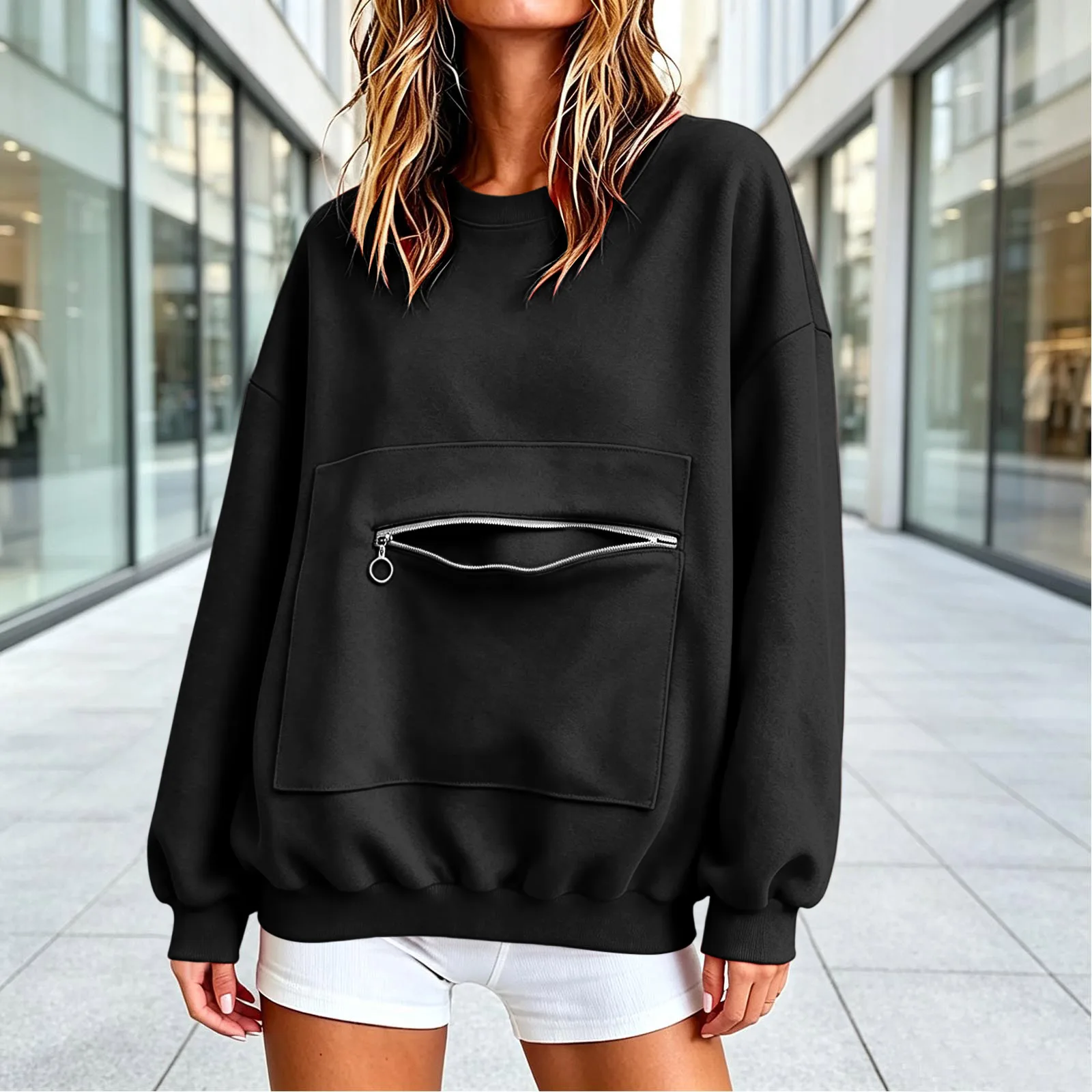Autumn Casual Women's Hoodie Crew Neck Sweatshirt Long Sleeve Pullover With Zipper Pocket Female Solid Loose Fit Hoodies Top
