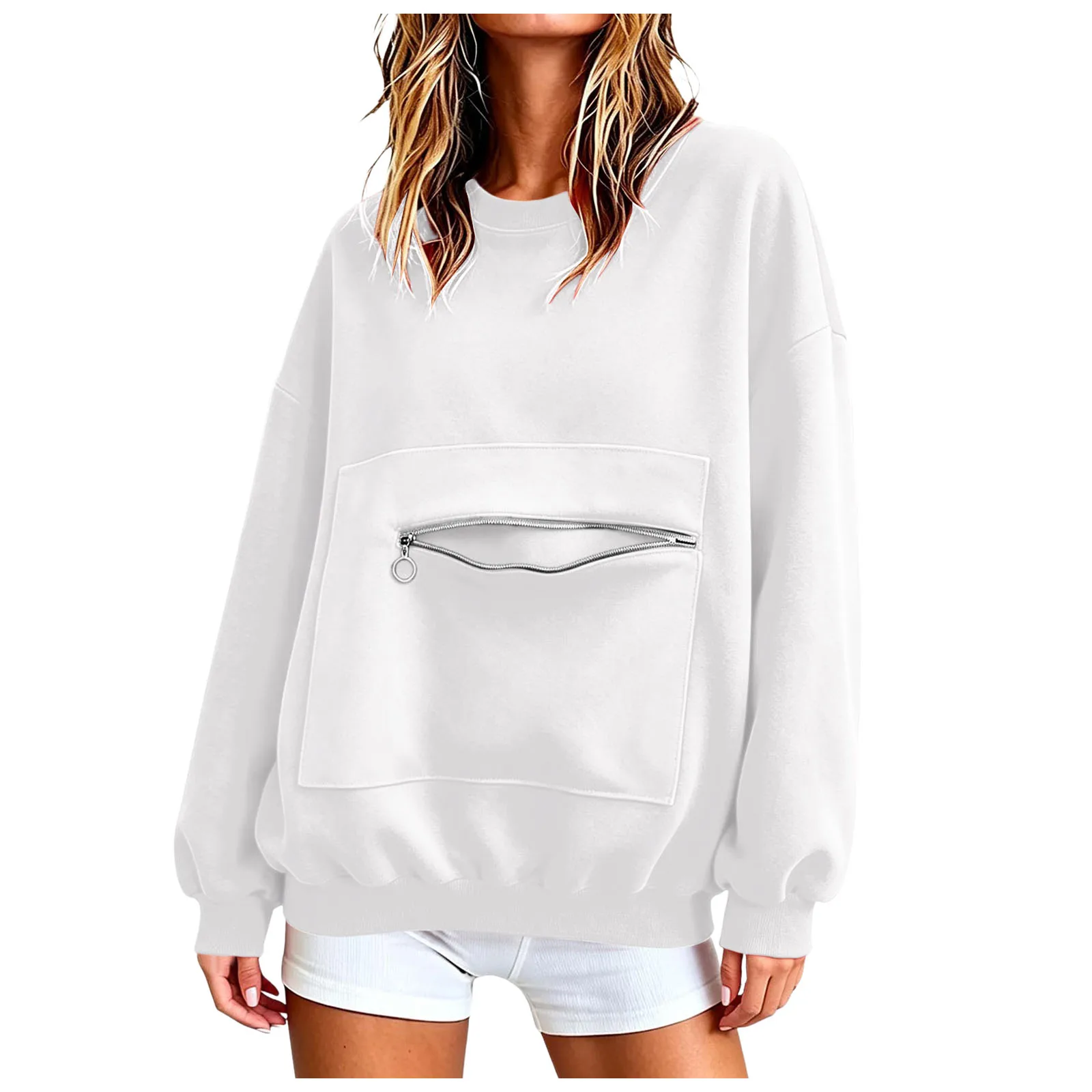 Autumn Casual Women's Hoodie Crew Neck Sweatshirt Long Sleeve Pullover With Zipper Pocket Female Solid Loose Fit Hoodies Top