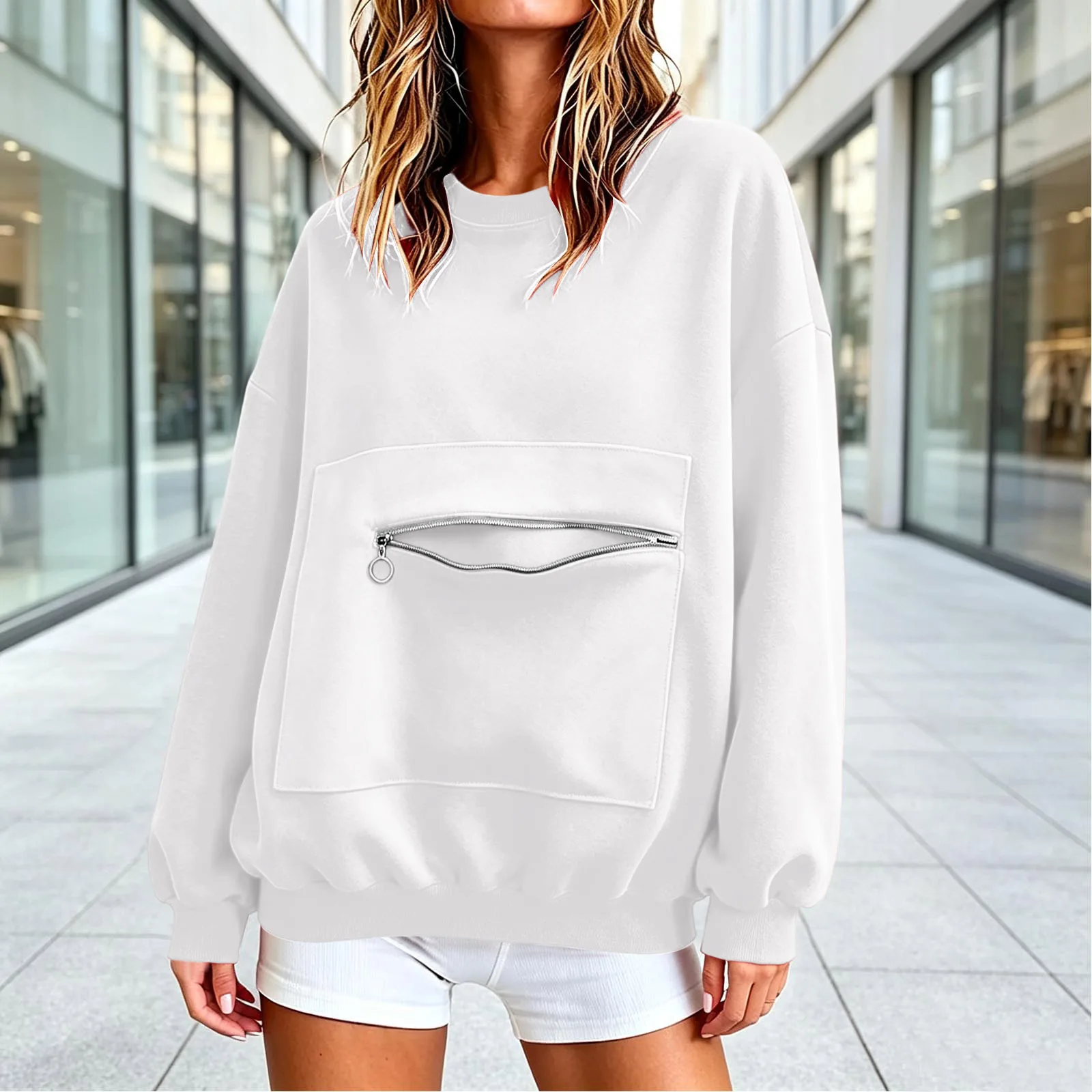 Autumn Casual Women's Hoodie Crew Neck Sweatshirt Long Sleeve Pullover With Zipper Pocket Female Solid Loose Fit Hoodies Top