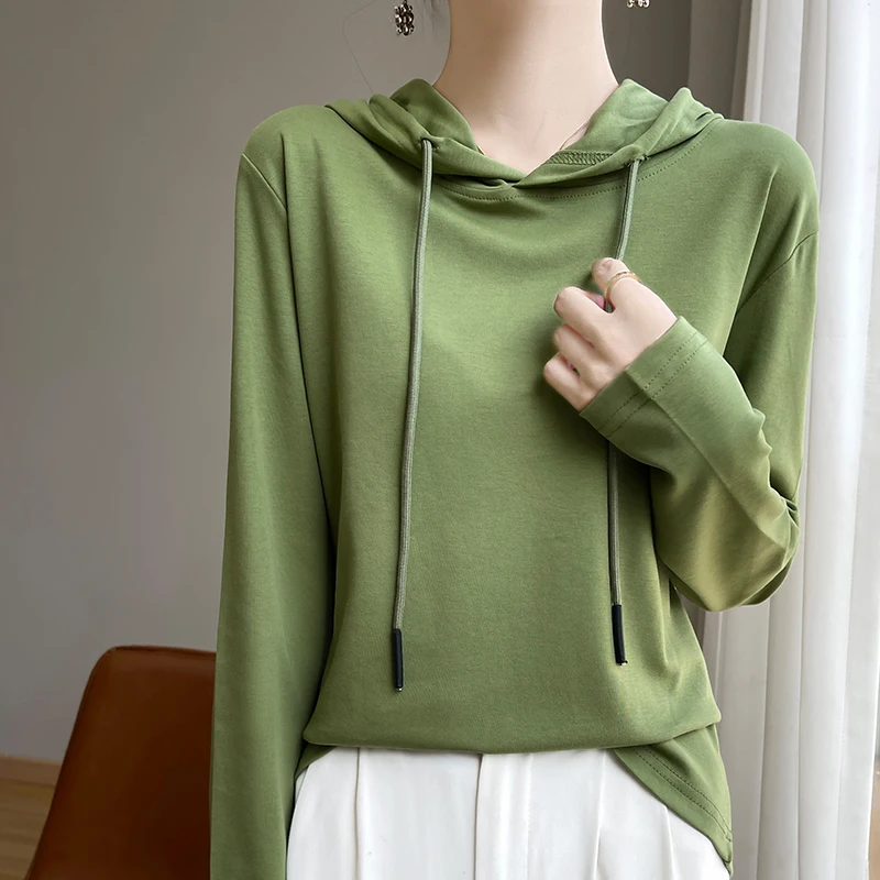Spring Summer 100% Mercerized Cotton Hoodie Women Loose Straight Tops Simple Casual sweatshirt For Minimalist 2025