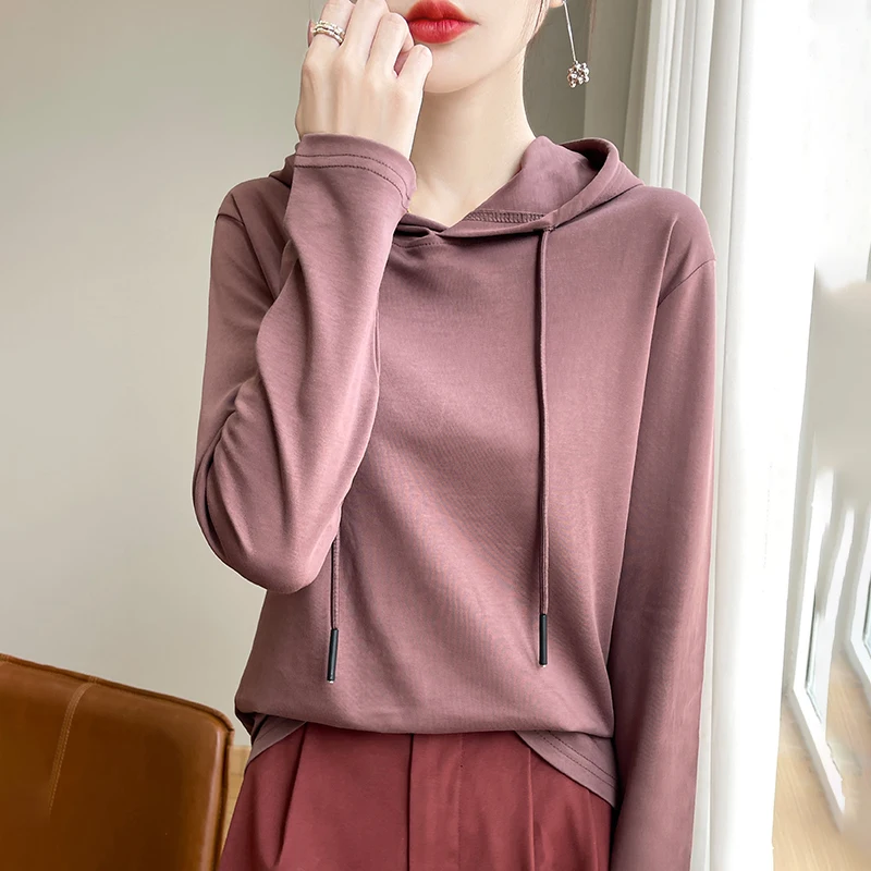 Spring Summer 100% Mercerized Cotton Hoodie Women Loose Straight Tops Simple Casual sweatshirt For Minimalist 2025