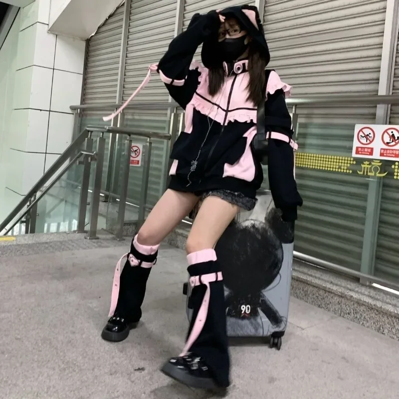 Y2k Gothic Zipper Coat Hooded Women Oversize Fairy Jacket Streetwear 2025 Autumn Outfits Japanese Kawaii Harjuku Chic Sweatshirt