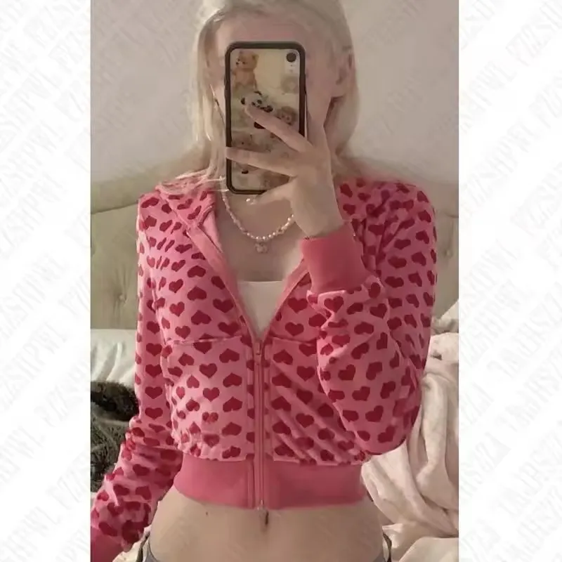 Fashion Gothic Cute Pink Heart Shaped Cropped Hoodie Y2K Womens Zipper Hoodie Kawaii Y2K Casual Fashion Tops Jacket