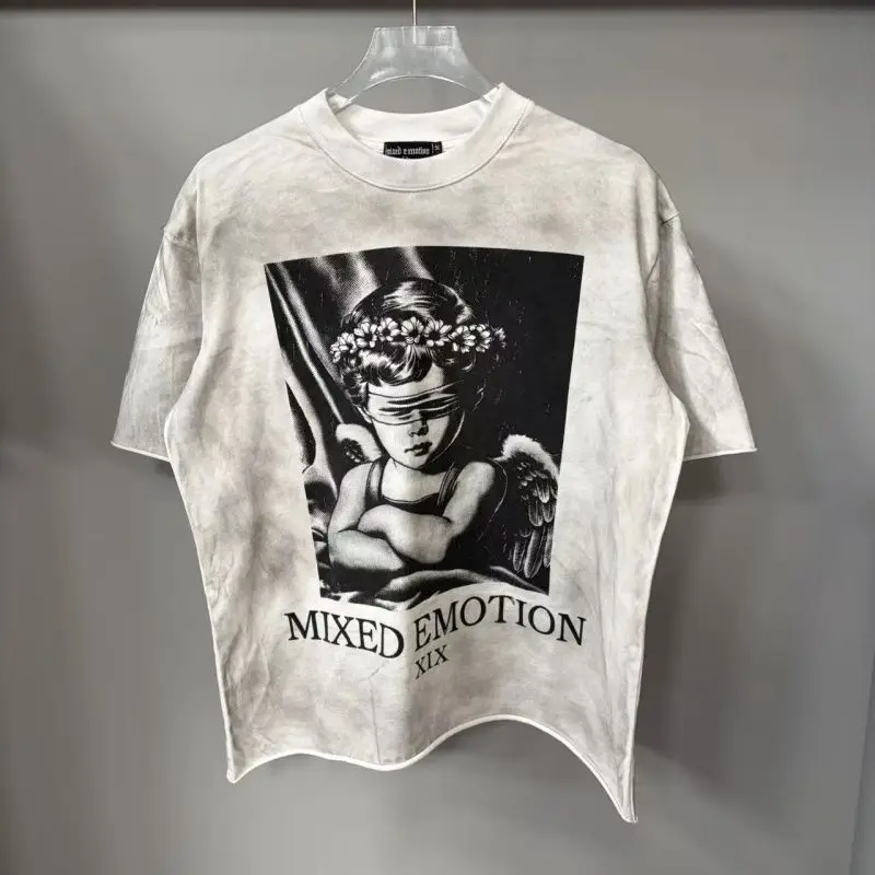 Mixed Emotion Street-Mounted Masked Angel Print Vintage Distressed Loose Short-Sleeved Men's and Women's T-Shirt
