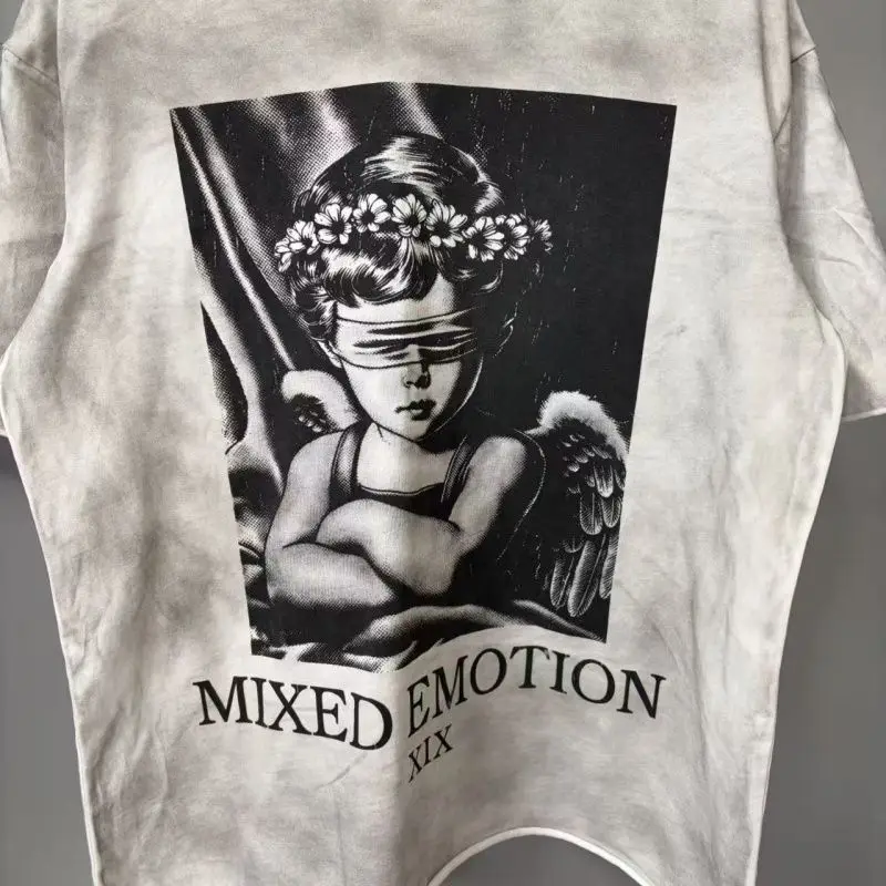 Mixed Emotion Street-Mounted Masked Angel Print Vintage Distressed Loose Short-Sleeved Men's and Women's T-Shirt
