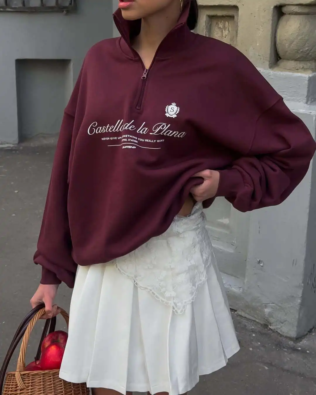 American Preppy-style Retro Letter Printed Sweatshirts Half Zip Turn-down Collar Lapel Shirts White Wine Red Leisure Young Women
