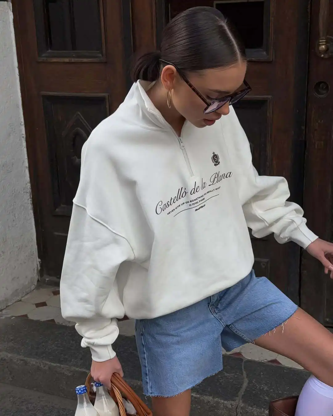 American Preppy-style Retro Letter Printed Sweatshirts Half Zip Turn-down Collar Lapel Shirts White Wine Red Leisure Young Women