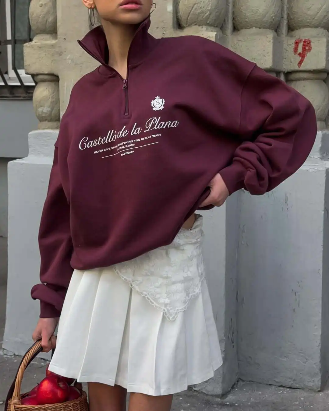 American Preppy-style Retro Letter Printed Sweatshirts Half Zip Turn-down Collar Lapel Shirts White Wine Red Leisure Young Women