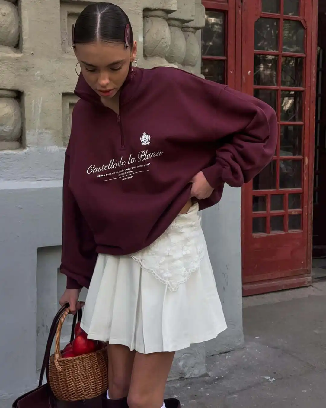American Preppy-style Retro Letter Printed Sweatshirts Half Zip Turn-down Collar Lapel Shirts White Wine Red Leisure Young Women