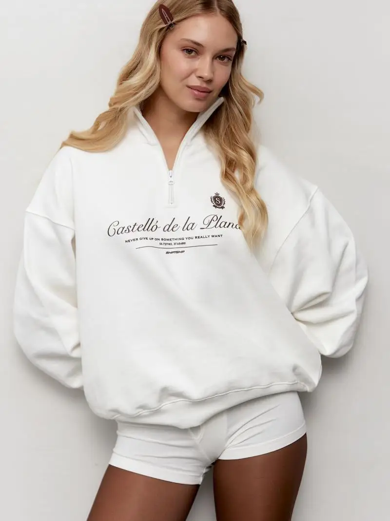 American Preppy-style Retro Letter Printed Sweatshirts Half Zip Turn-down Collar Lapel Shirts White Wine Red Leisure Young Women