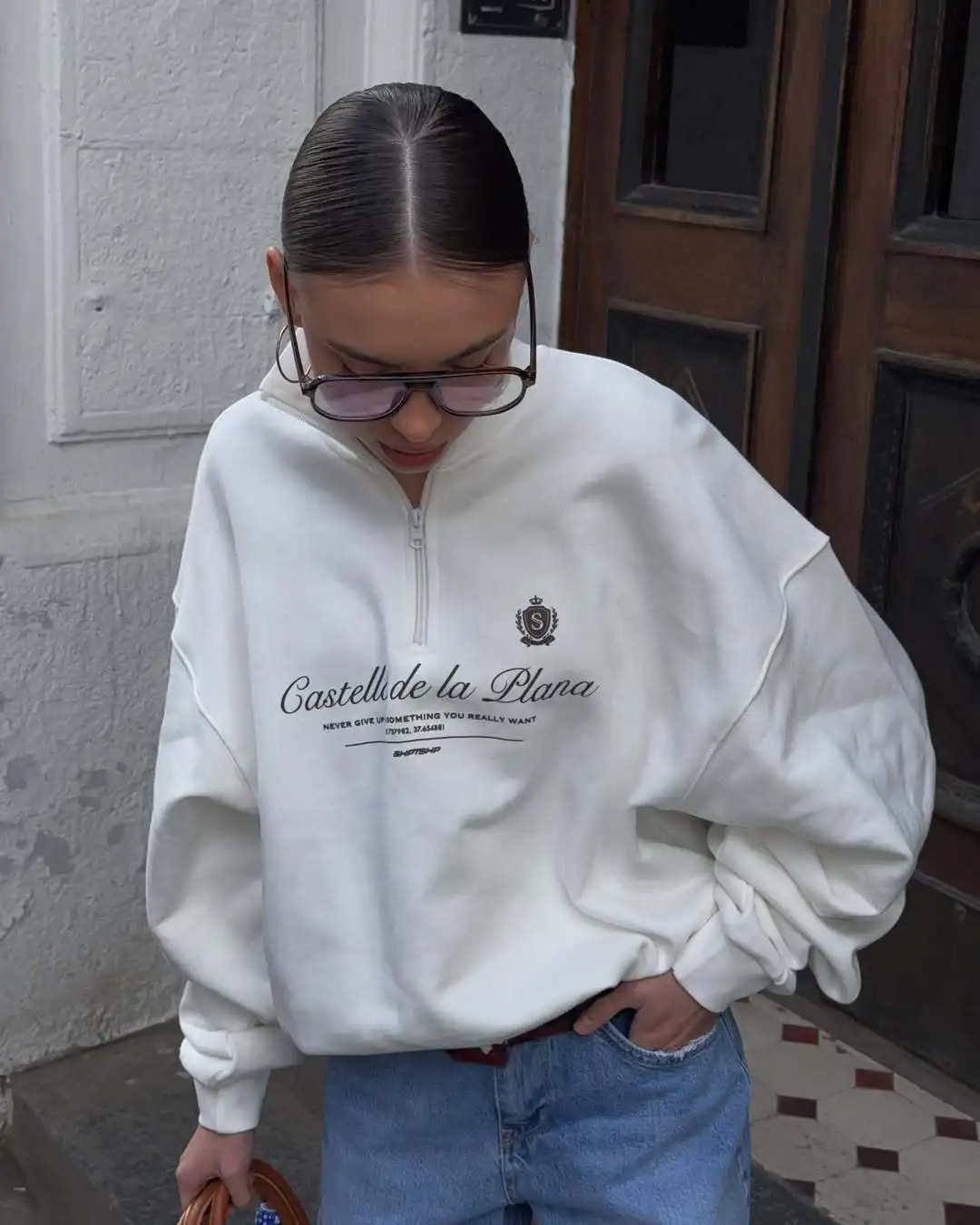 American Preppy-style Retro Letter Printed Sweatshirts Half Zip Turn-down Collar Lapel Shirts White Wine Red Leisure Young Women