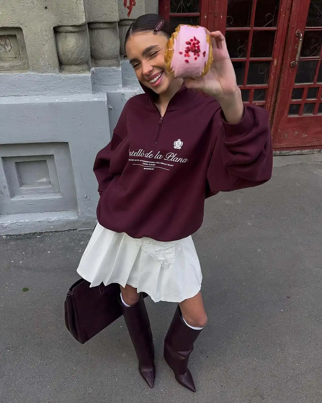 American Preppy-style Retro Letter Printed Sweatshirts Half Zip Turn-down Collar Lapel Shirts White Wine Red Leisure Young Women