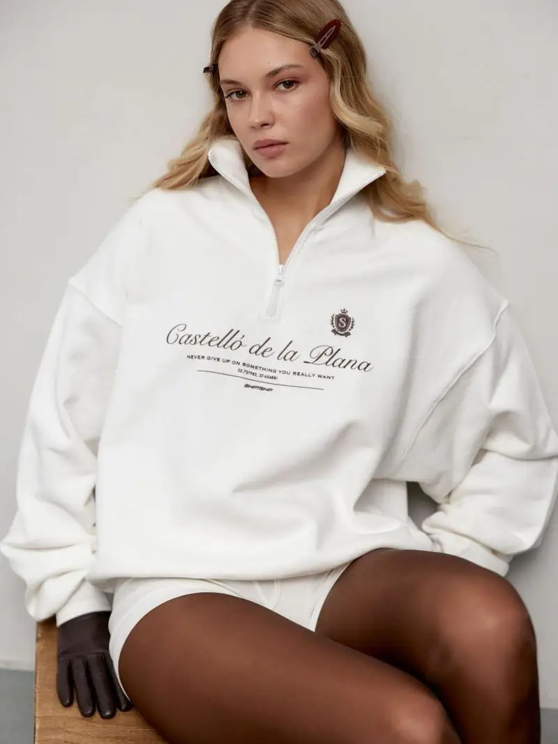American Preppy-style Retro Letter Printed Sweatshirts Half Zip Turn-down Collar Lapel Shirts White Wine Red Leisure Young Women