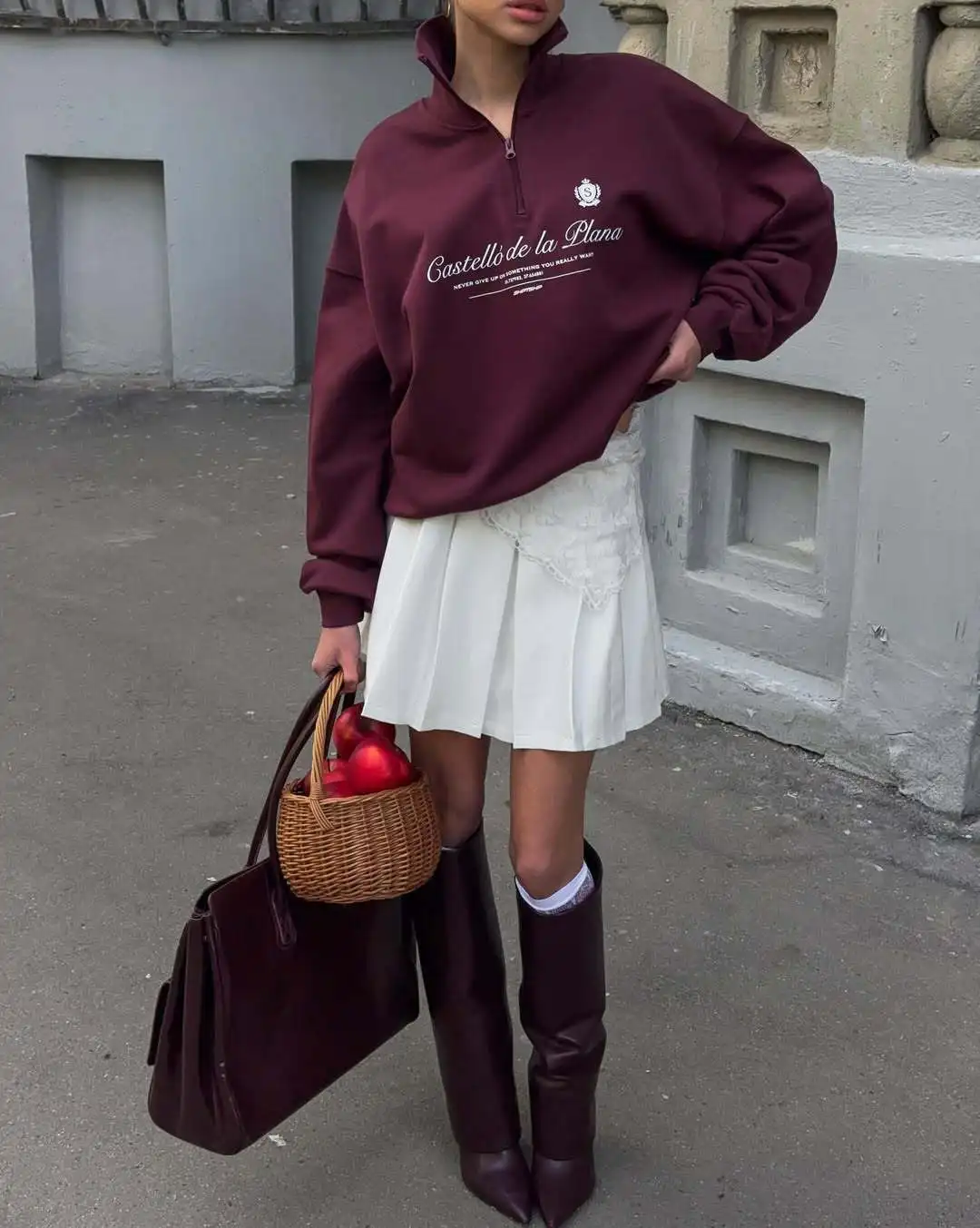 American Preppy-style Retro Letter Printed Sweatshirts Half Zip Turn-down Collar Lapel Shirts White Wine Red Leisure Young Women