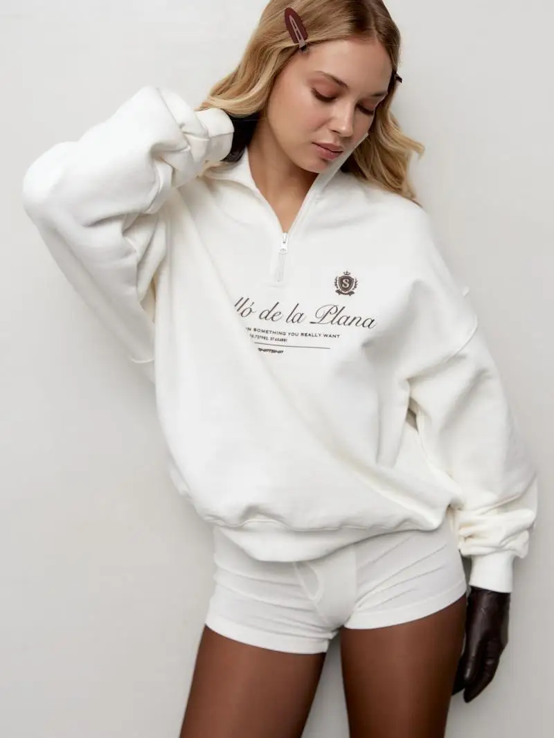 American Preppy-style Retro Letter Printed Sweatshirts Half Zip Turn-down Collar Lapel Shirts White Wine Red Leisure Young Women