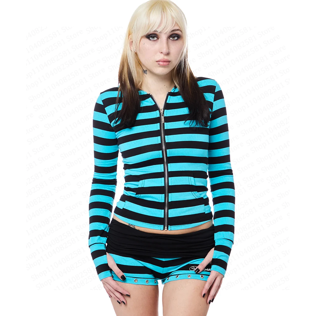 Emo Striped Hoodie Women's Y2K Gothic Zipper Hoodie Long Sleeve Harajuku Aesthetics Short Style Jacket Punk Street Set punk