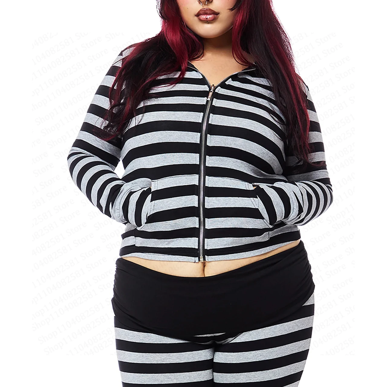 Emo Striped Hoodie Women's Y2K Gothic Zipper Hoodie Long Sleeve Harajuku Aesthetics Short Style Jacket Punk Street Set punk