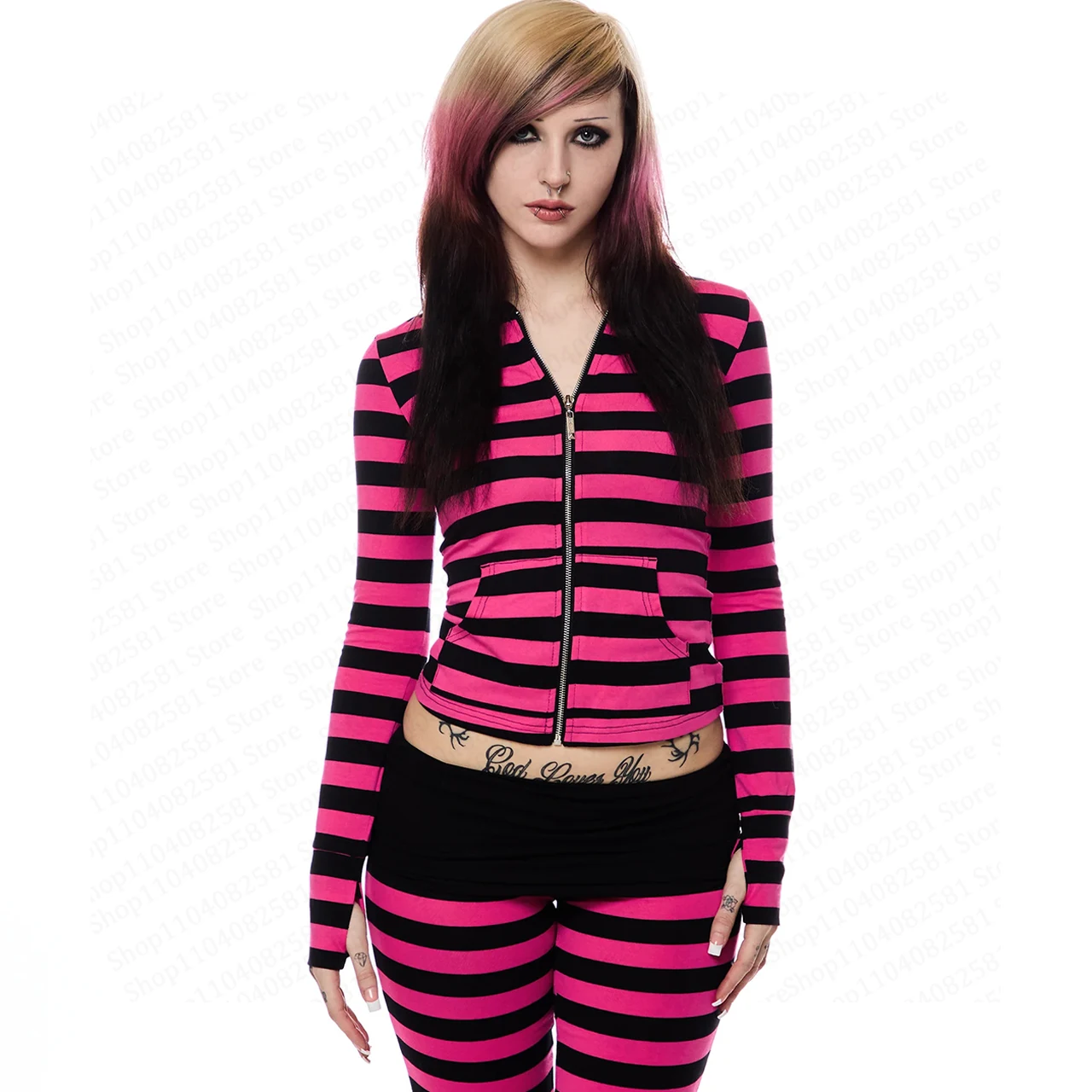 Emo Striped Hoodie Women's Y2K Gothic Zipper Hoodie Long Sleeve Harajuku Aesthetics Short Style Jacket Punk Street Set punk