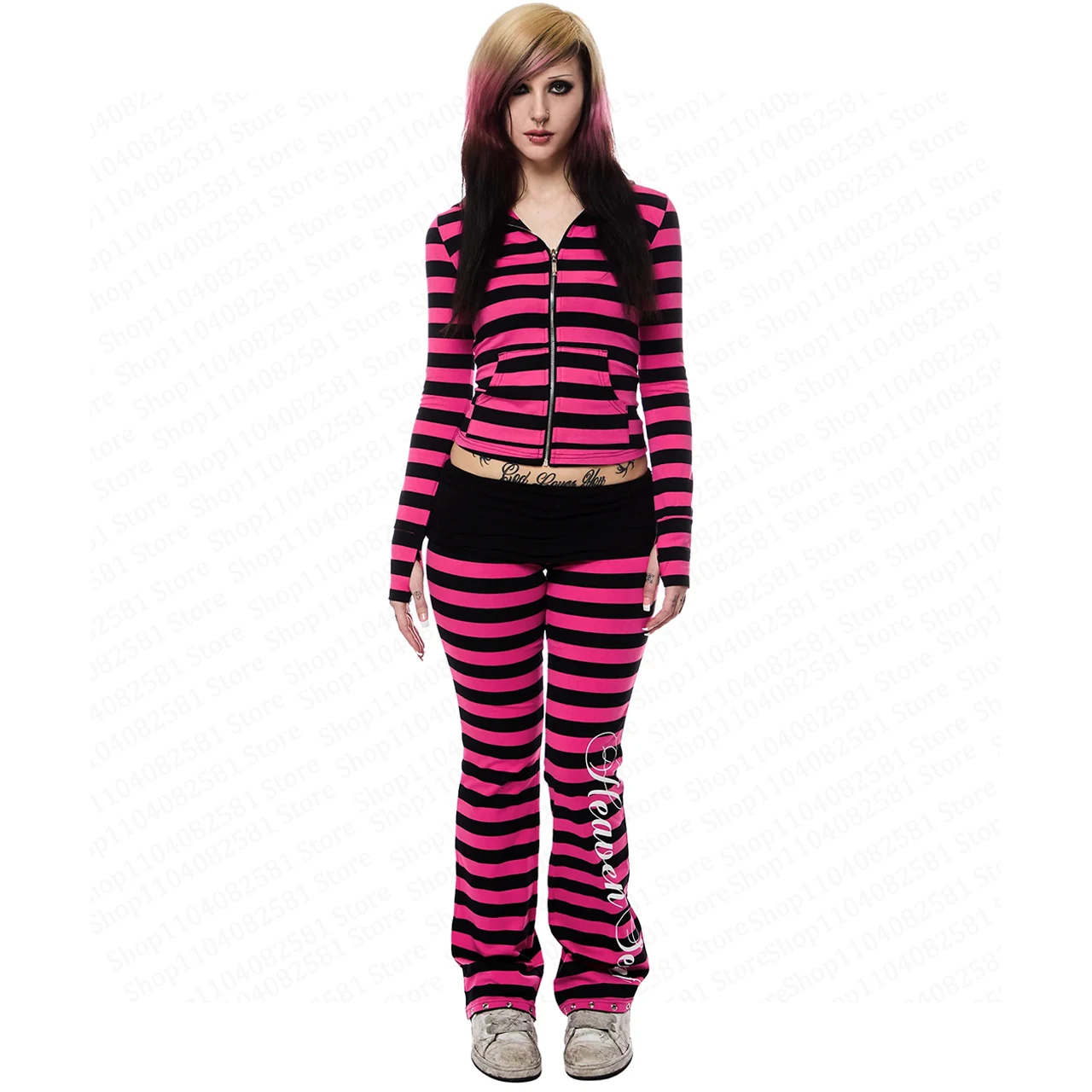 Emo Striped Hoodie Women's Y2K Gothic Zipper Hoodie Long Sleeve Harajuku Aesthetics Short Style Jacket Punk Street Set punk