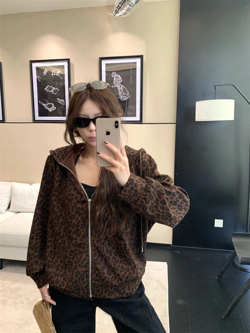 Women Y2K Leopard Hoodies Streetwear Loose Harajuku Retro Sweatshirts Hip Hop Fall American Vintage Female Long Sleeve Tops New