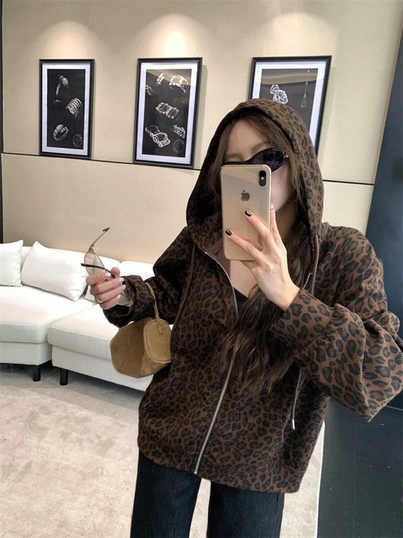 Women Y2K Leopard Hoodies Streetwear Loose Harajuku Retro Sweatshirts Hip Hop Fall American Vintage Female Long Sleeve Tops New