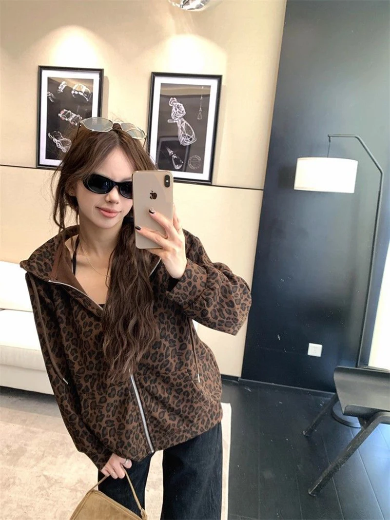 Women Y2K Leopard Hoodies Streetwear Loose Harajuku Retro Sweatshirts Hip Hop Fall American Vintage Female Long Sleeve Tops New