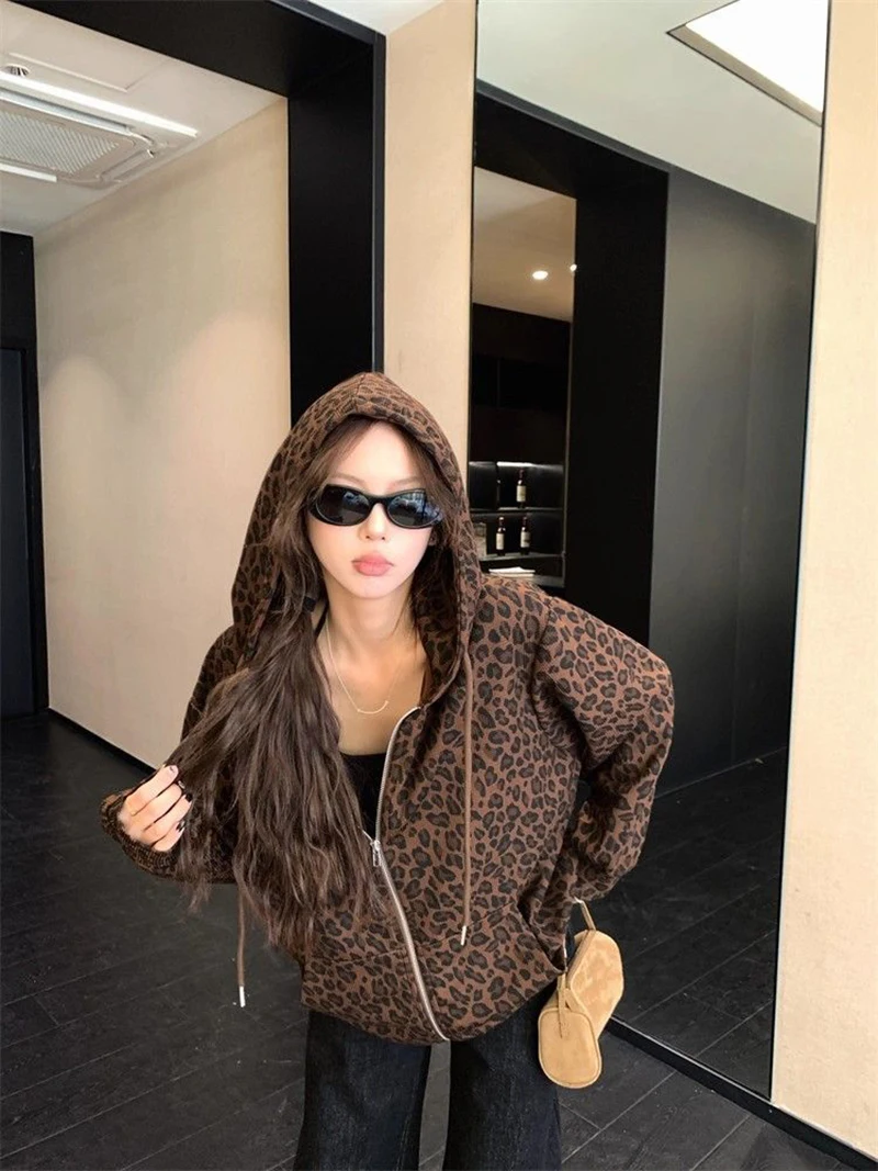 Women Y2K Leopard Hoodies Streetwear Loose Harajuku Retro Sweatshirts Hip Hop Fall American Vintage Female Long Sleeve Tops New