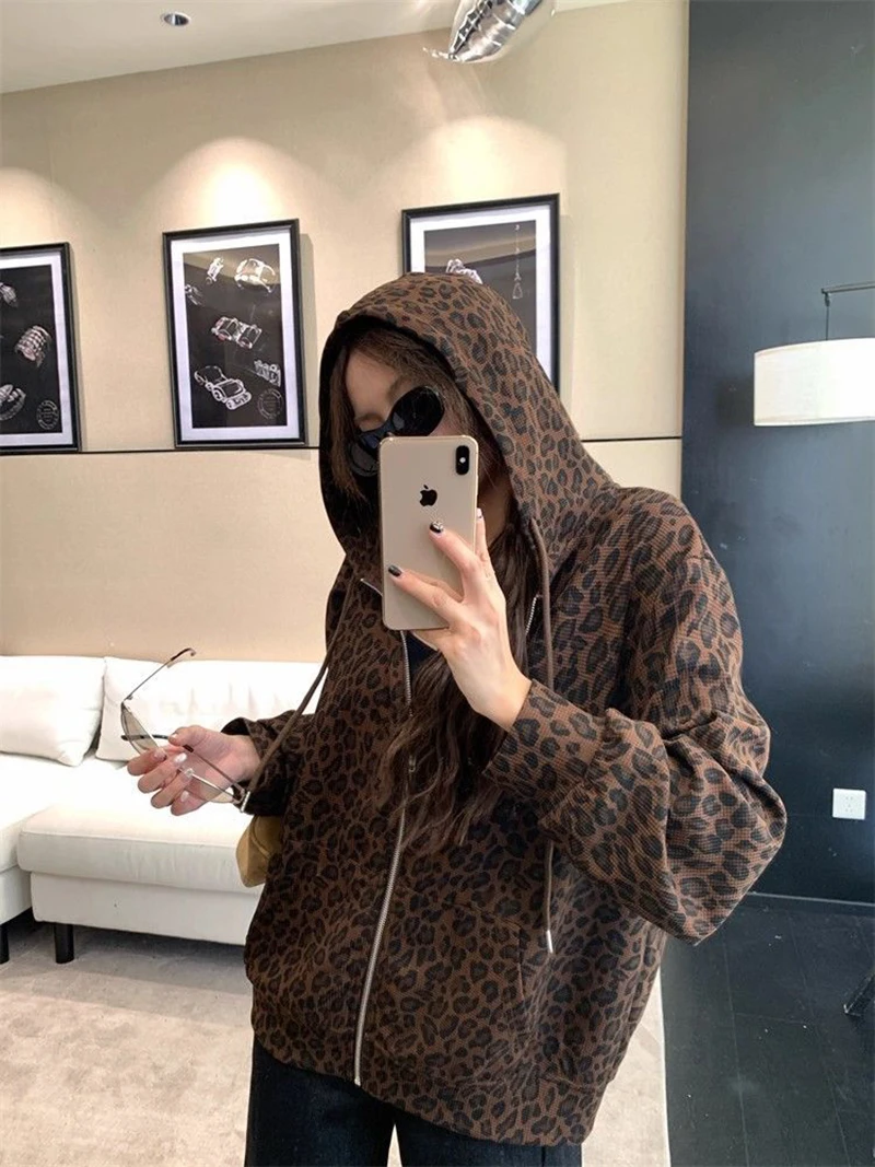 Women Y2K Leopard Hoodies Streetwear Loose Harajuku Retro Sweatshirts Hip Hop Fall American Vintage Female Long Sleeve Tops New